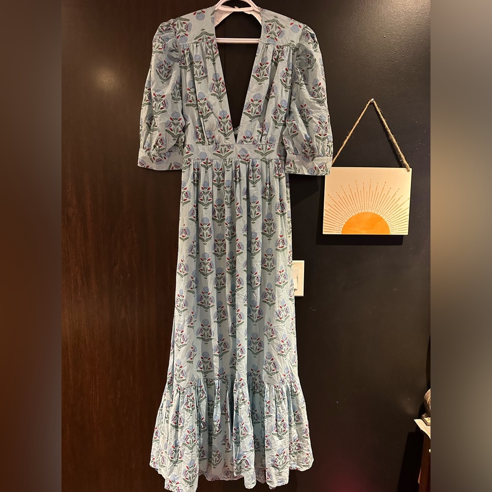 Light Blue Floral Maxi Dress with Deep V-Neck and Puff Sleeves